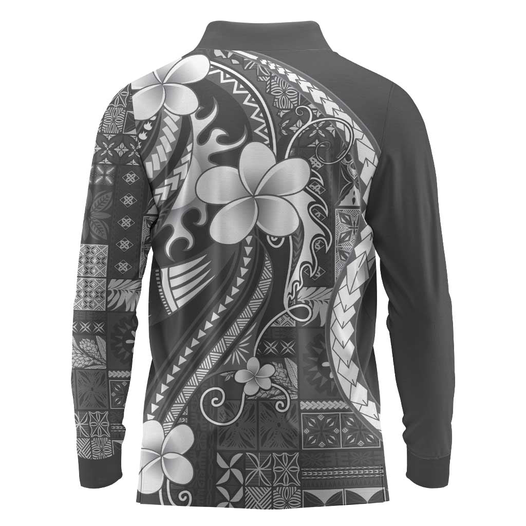Samoa Siapo Tribal Pattern Long Sleeve Polo Shirt Light Gray Polynesian Plumeria Tapa Motif