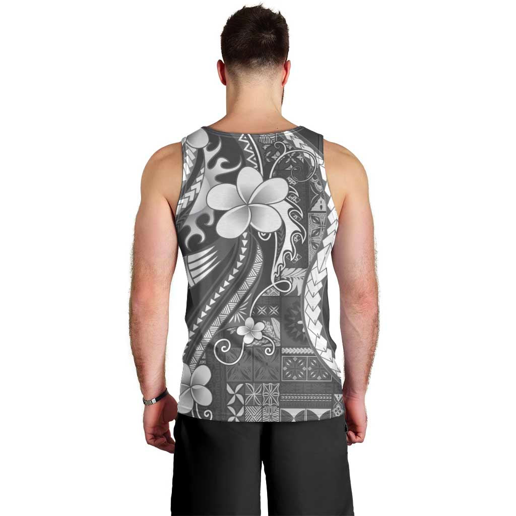 Samoa Siapo Tribal Pattern Men Tank Top Light Gray Polynesian Plumeria Tapa Motif