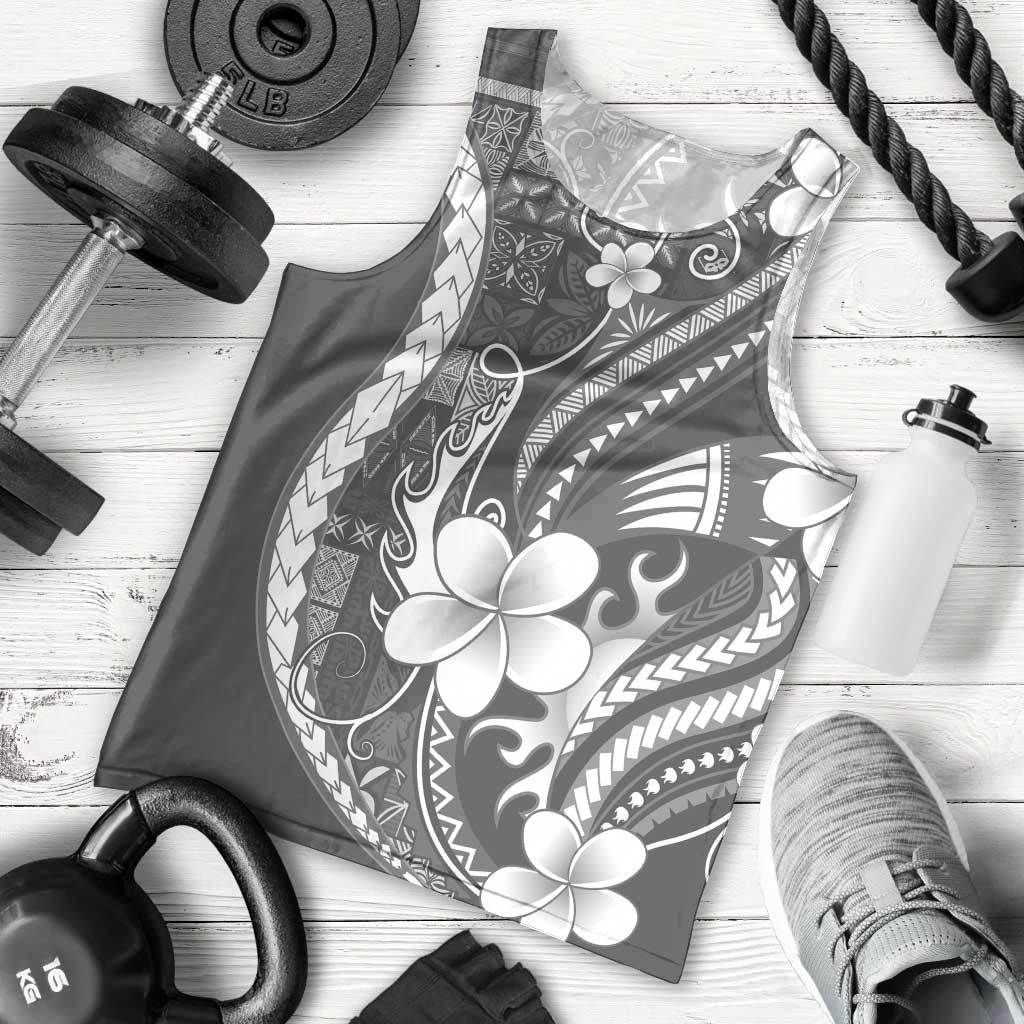 Samoa Siapo Tribal Pattern Men Tank Top Light Gray Polynesian Plumeria Tapa Motif