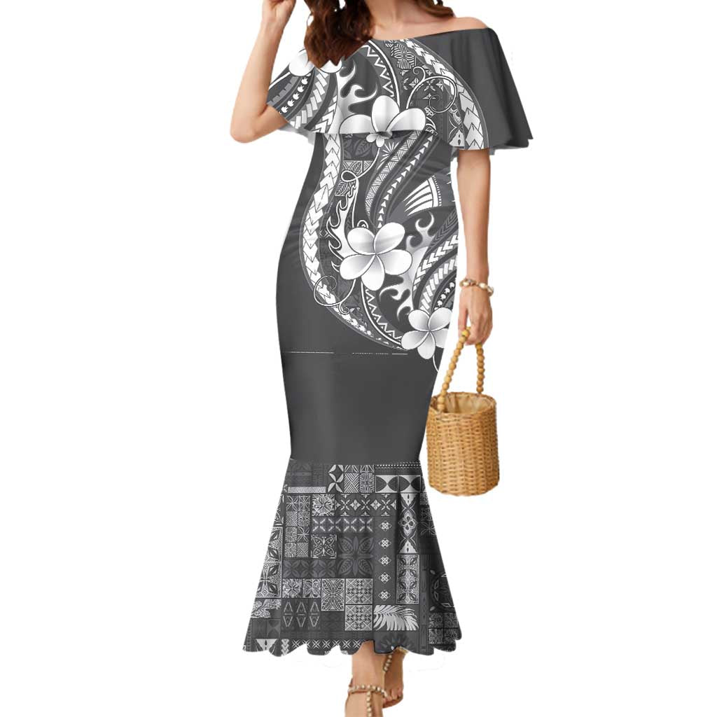 Samoa Siapo Tribal Pattern Mermaid Dress Light Gray Polynesian Plumeria Tapa Motif LT9 Women Gray - Polynesian Pride