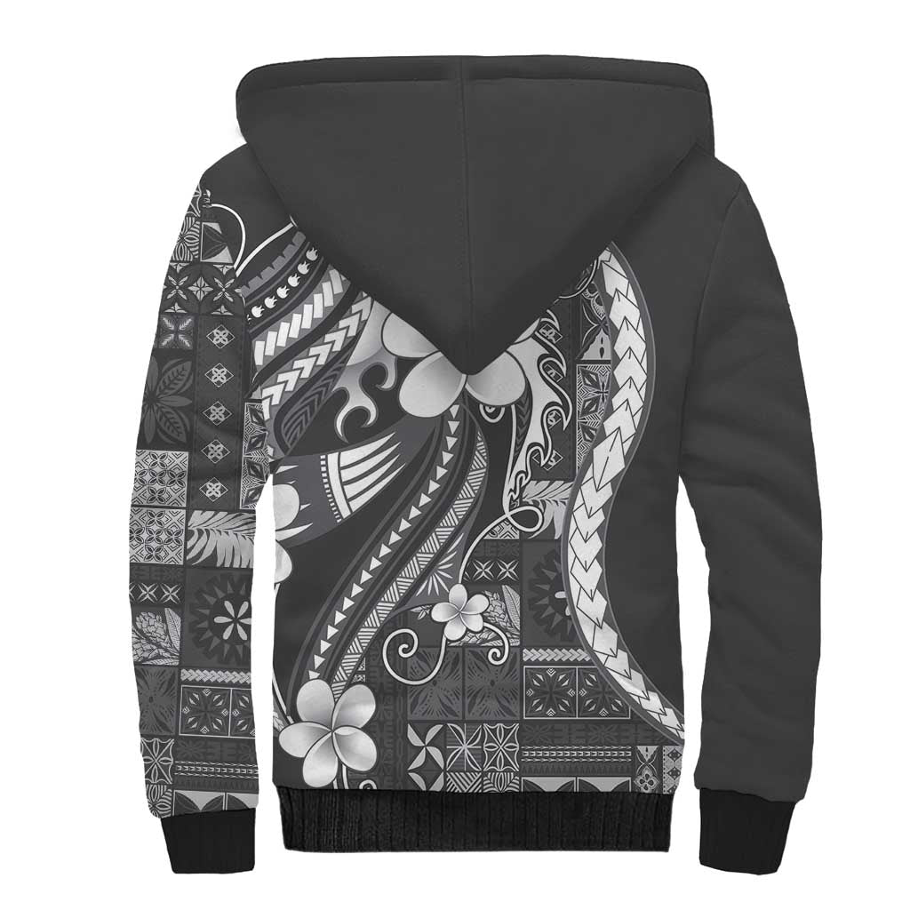 Samoa Siapo Tribal Pattern Sherpa Hoodie Light Gray Polynesian Plumeria Tapa Motif LT9 - Polynesian Pride