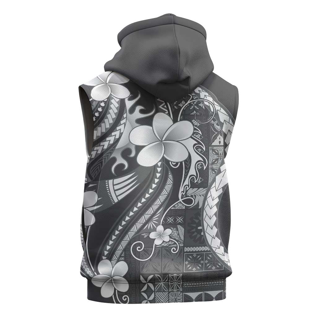 Samoa Siapo Tribal Pattern Sleeveless Hoodie Light Gray Polynesian Plumeria Tapa Motif LT9 - Polynesian Pride