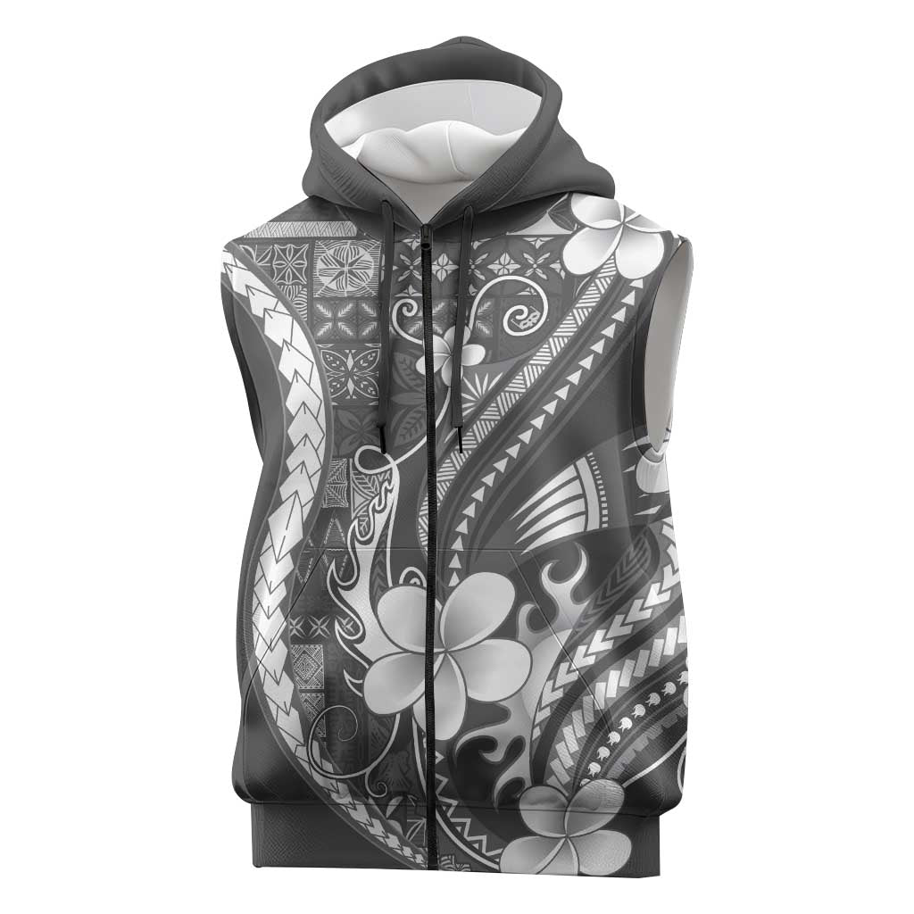 Samoa Siapo Tribal Pattern Sleeveless Zip Hoodie Light Gray Polynesian Plumeria Tapa Motif