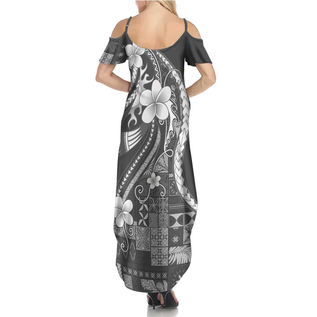 Samoa Siapo Tribal Pattern Summer Maxi Dress Light Gray Polynesian Plumeria Tapa Motif LT9 - Polynesian Pride
