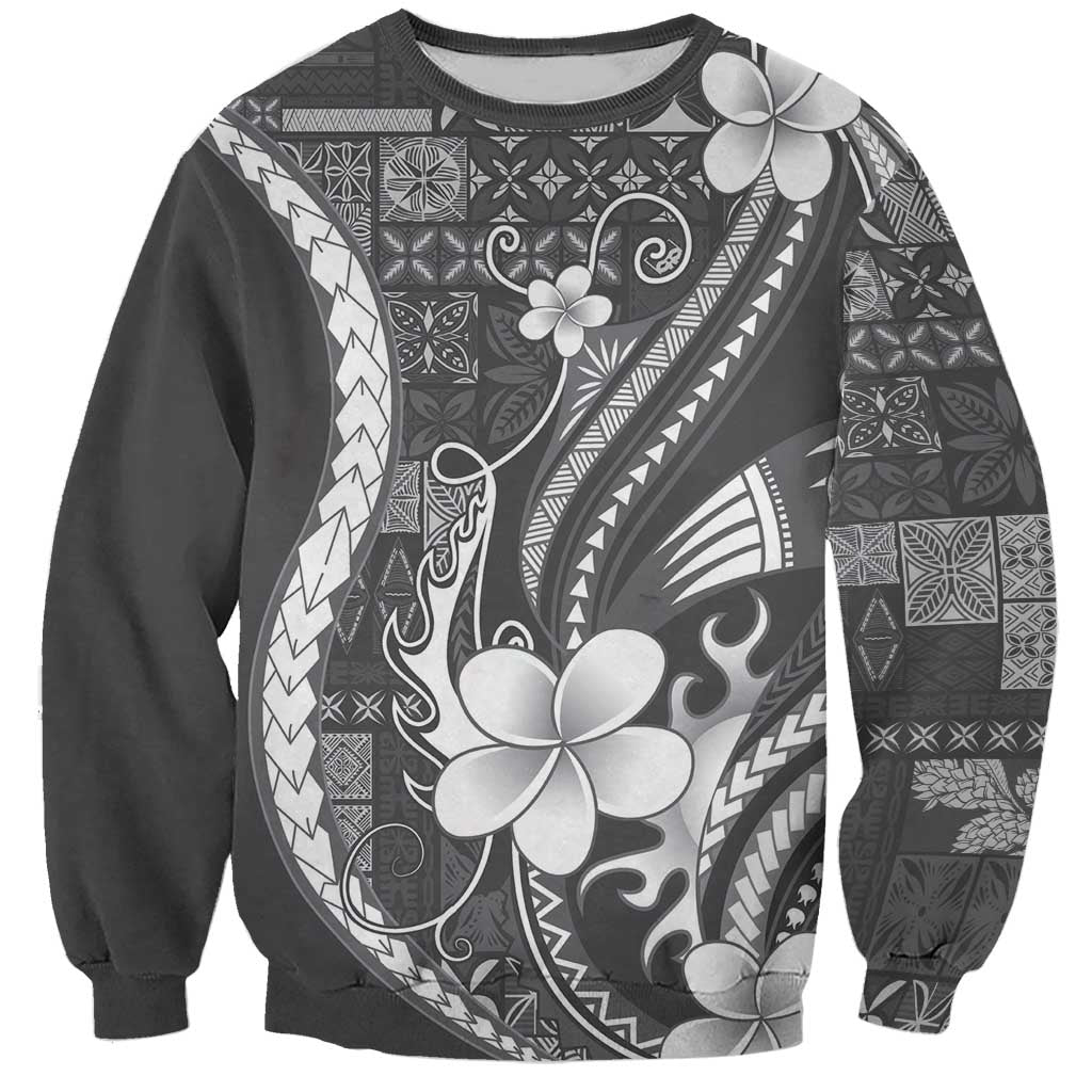 Samoa Siapo Tribal Pattern Sweatshirt Light Gray Polynesian Plumeria Tapa Motif