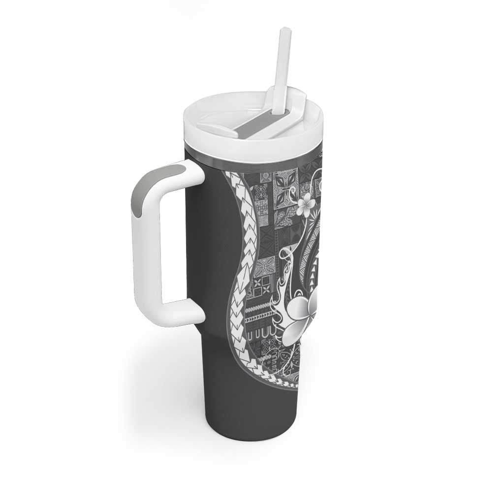 Samoa Siapo Tribal Pattern Tumbler With Handle Light Gray Polynesian Plumeria Tapa Motif