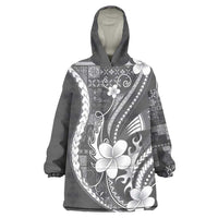 Samoa Siapo Tribal Pattern Wearable Blanket Hoodie Light Gray Polynesian Plumeria Tapa Motif