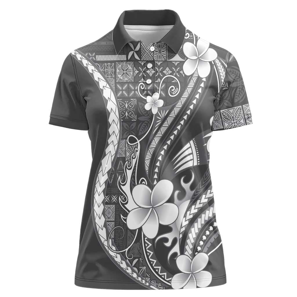Samoa Siapo Tribal Pattern Women Polo Shirt Light Gray Polynesian Plumeria Tapa Motif LT9 Female Gray - Polynesian Pride