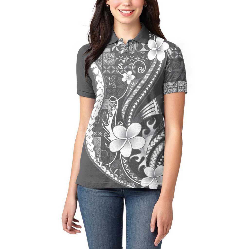 Samoa Siapo Tribal Pattern Women Polo Shirt Light Gray Polynesian Plumeria Tapa Motif LT9 - Polynesian Pride
