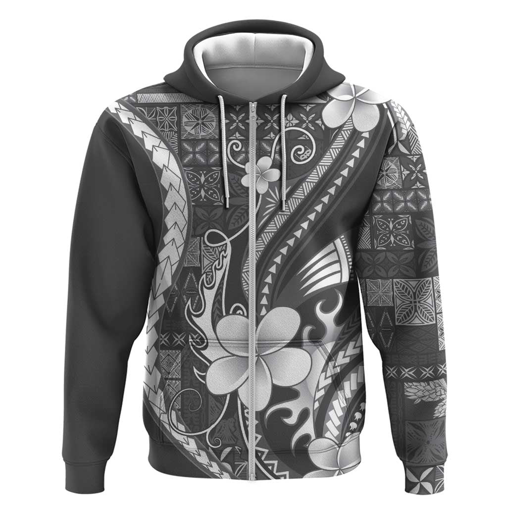 Samoa Siapo Tribal Pattern Zip Hoodie Light Gray Polynesian Plumeria Tapa Motif
