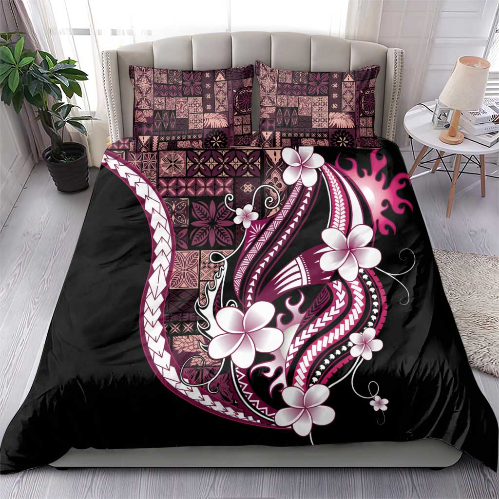 Samoa Siapo Tribal Pattern Bedding Set Violet Polynesian Plumeria Tapa Motif