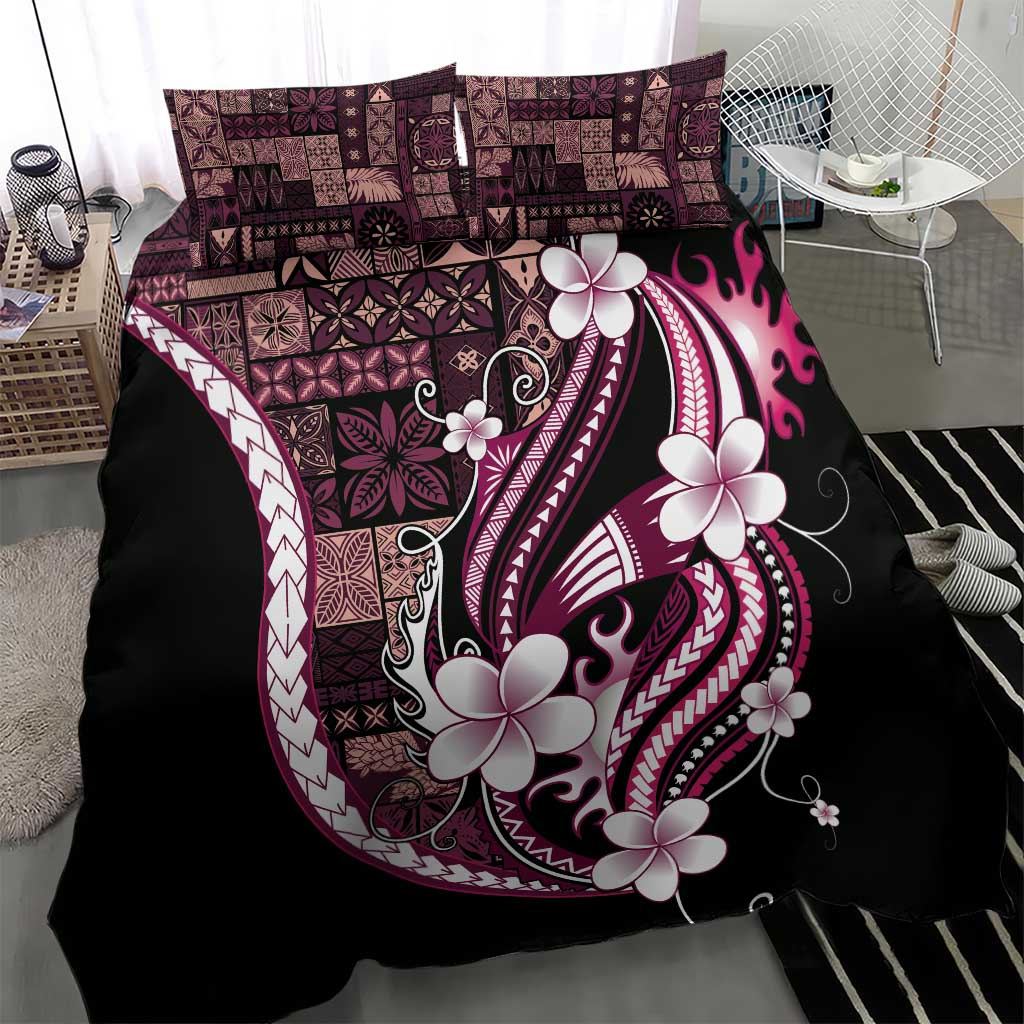 Samoa Siapo Tribal Pattern Bedding Set Violet Polynesian Plumeria Tapa Motif