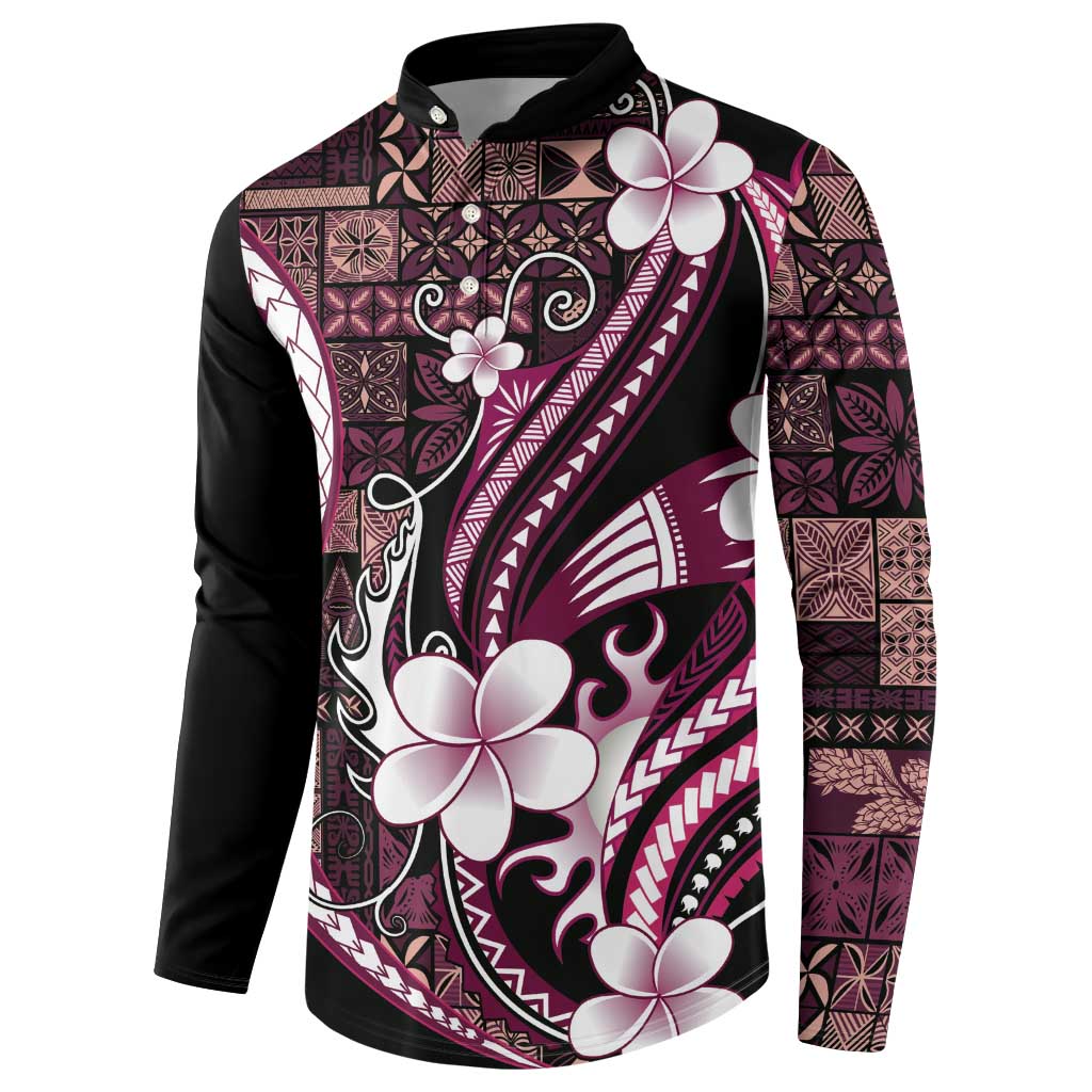 Samoa Siapo Tribal Pattern Button Sweatshirt Violet Polynesian Plumeria Tapa Motif