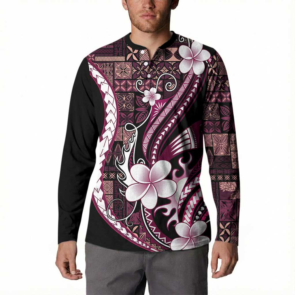 Samoa Siapo Tribal Pattern Button Sweatshirt Violet Polynesian Plumeria Tapa Motif