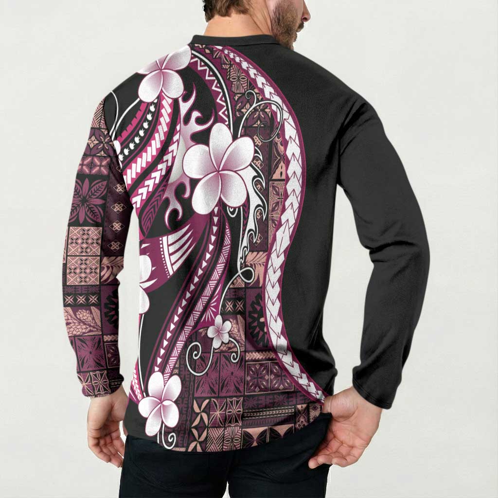 Samoa Siapo Tribal Pattern Button Sweatshirt Violet Polynesian Plumeria Tapa Motif