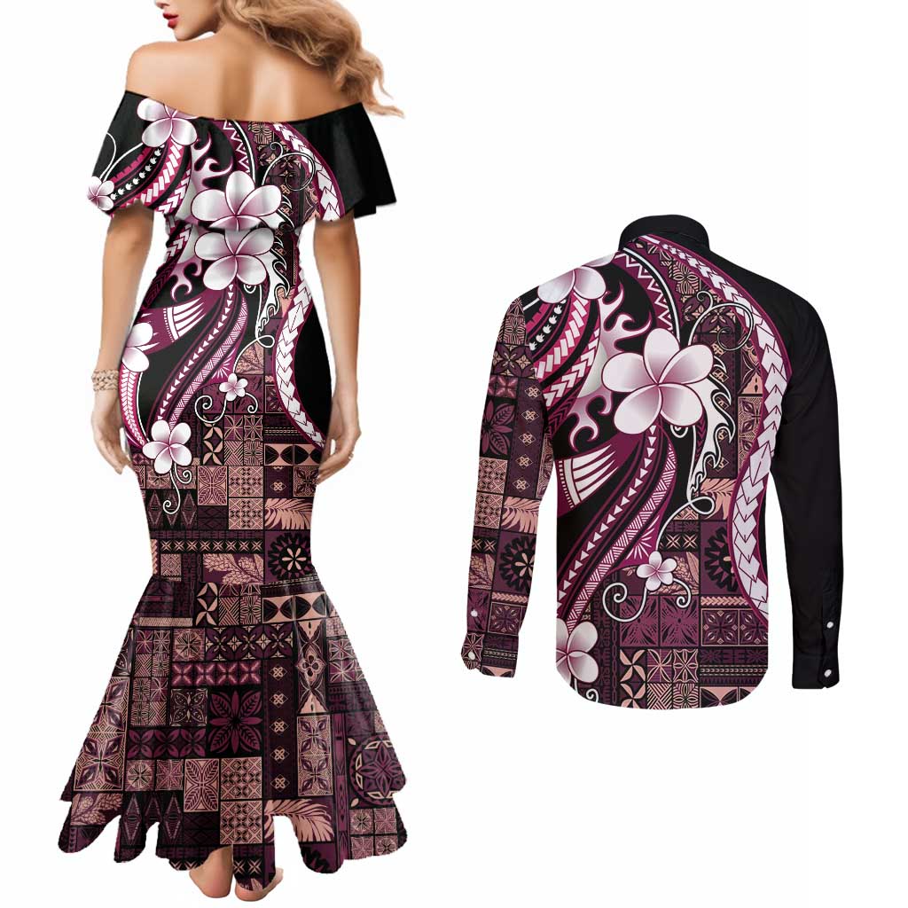 Samoa Siapo Tribal Pattern Couples Matching Mermaid Dress and Long Sleeve Button Shirt Violet Polynesian Plumeria Tapa Motif LT9 - Polynesian Pride