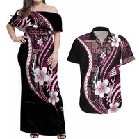 Samoa Siapo Tribal Pattern Couples Matching Off Shoulder Maxi Dress and Hawaiian Shirt Violet Polynesian Plumeria Tapa Motif LT9 Violet - Polynesian Pride