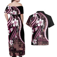 Samoa Siapo Tribal Pattern Couples Matching Off Shoulder Maxi Dress and Hawaiian Shirt Violet Polynesian Plumeria Tapa Motif LT9 - Polynesian Pride