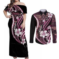 Samoa Siapo Tribal Pattern Couples Matching Off Shoulder Maxi Dress and Long Sleeve Button Shirt Violet Polynesian Plumeria Tapa Motif