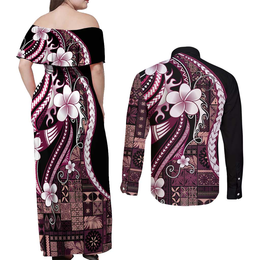 Samoa Siapo Tribal Pattern Couples Matching Off Shoulder Maxi Dress and Long Sleeve Button Shirt Violet Polynesian Plumeria Tapa Motif