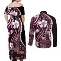 Samoa Siapo Tribal Pattern Couples Matching Off Shoulder Maxi Dress and Long Sleeve Button Shirt Violet Polynesian Plumeria Tapa Motif