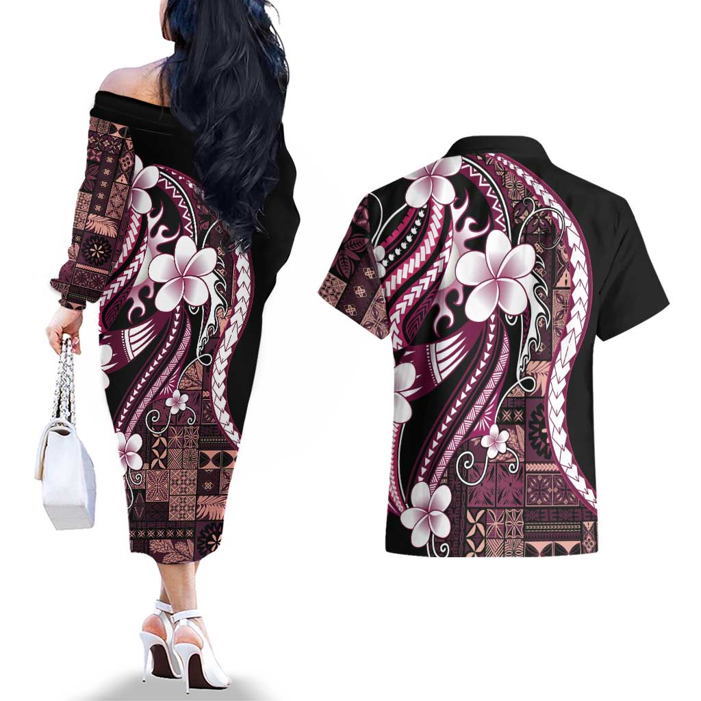 Samoa Siapo Tribal Pattern Couples Matching Off The Shoulder Long Sleeve Dress and Hawaiian Shirt Violet Polynesian Plumeria Tapa Motif