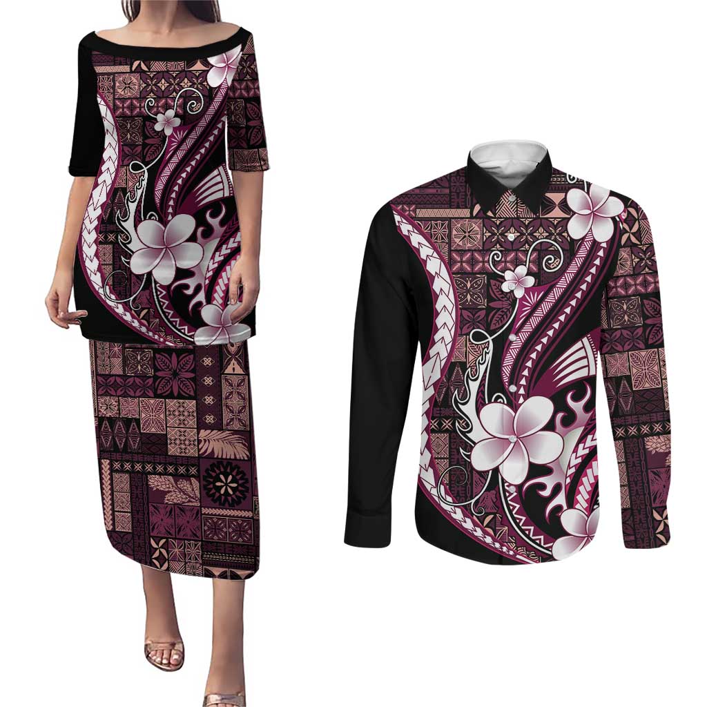 Samoa Siapo Tribal Pattern Couples Matching Puletasi and Long Sleeve Button Shirt Violet Polynesian Plumeria Tapa Motif
