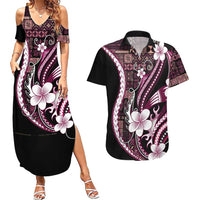 Samoa Siapo Tribal Pattern Couples Matching Summer Maxi Dress and Hawaiian Shirt Violet Polynesian Plumeria Tapa Motif LT9 Violet - Polynesian Pride