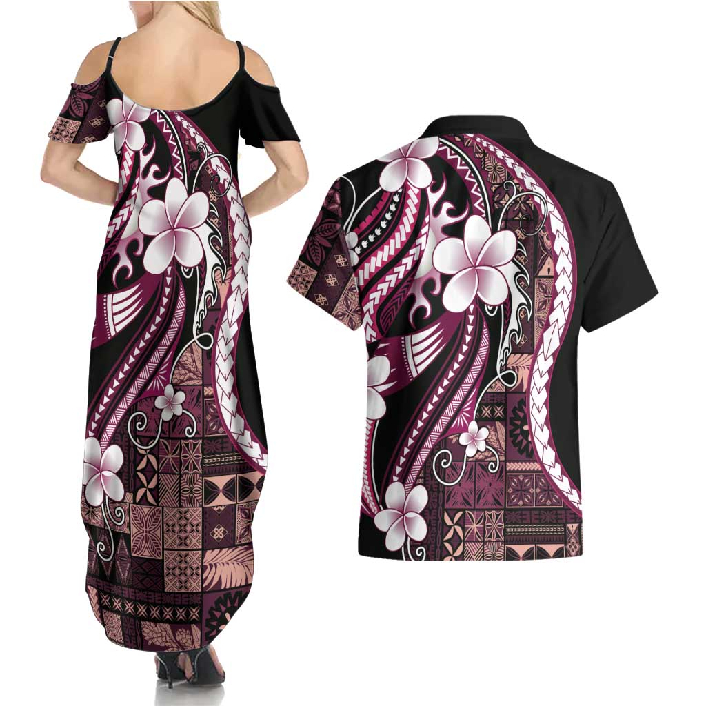 Samoa Siapo Tribal Pattern Couples Matching Summer Maxi Dress and Hawaiian Shirt Violet Polynesian Plumeria Tapa Motif LT9 - Polynesian Pride