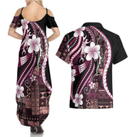 Samoa Siapo Tribal Pattern Couples Matching Summer Maxi Dress and Hawaiian Shirt Violet Polynesian Plumeria Tapa Motif LT9 - Polynesian Pride
