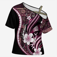 Samoa Siapo Tribal Pattern Cross Shoulder Shirt Violet Polynesian Plumeria Tapa Motif