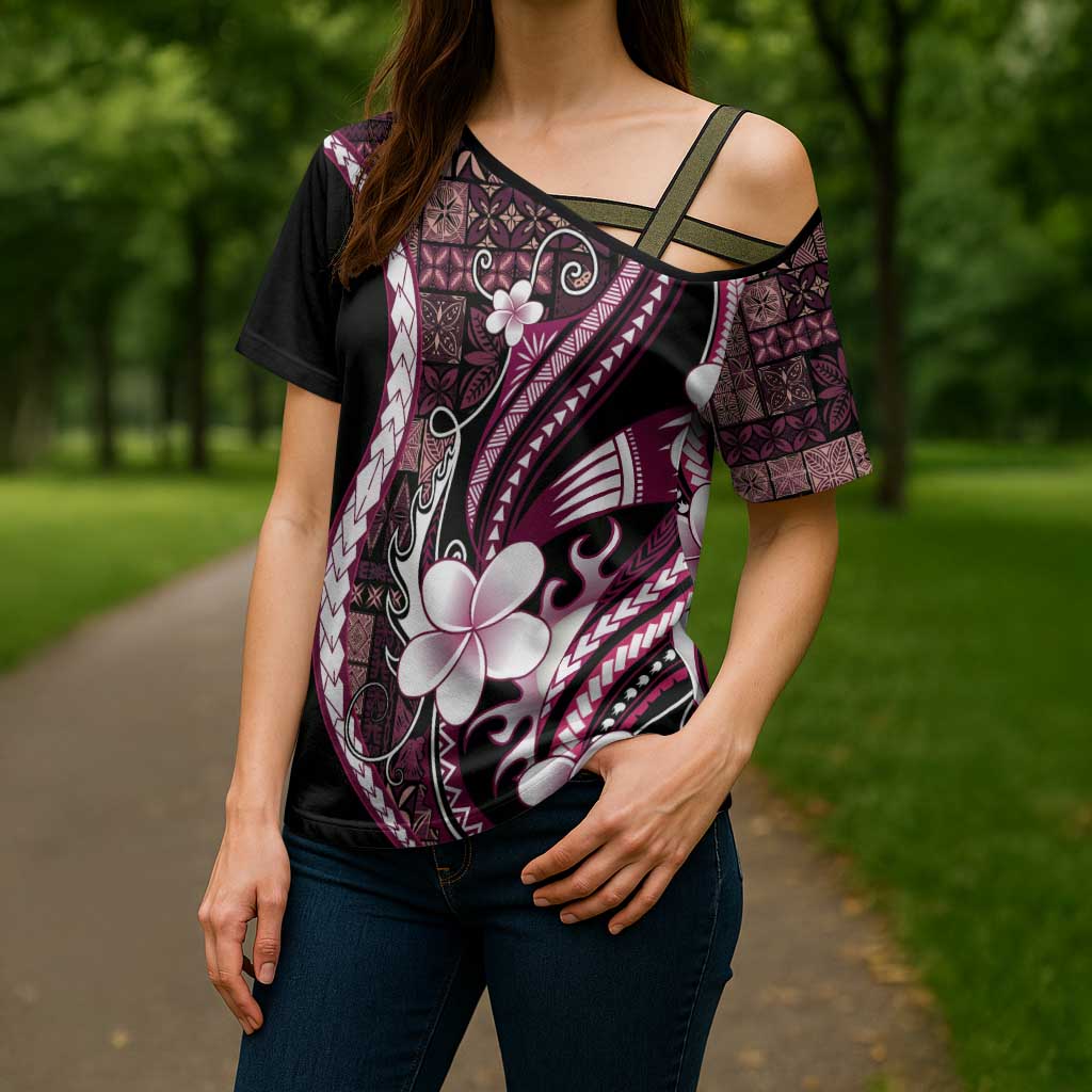 Samoa Siapo Tribal Pattern Cross Shoulder Shirt Violet Polynesian Plumeria Tapa Motif