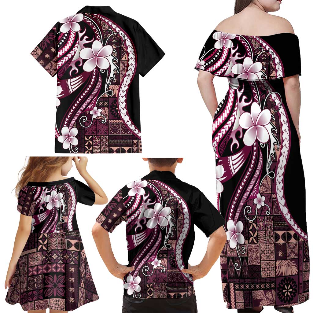 Samoa Siapo Tribal Pattern Family Matching Off Shoulder Maxi Dress and Hawaiian Shirt Violet Polynesian Plumeria Tapa Motif