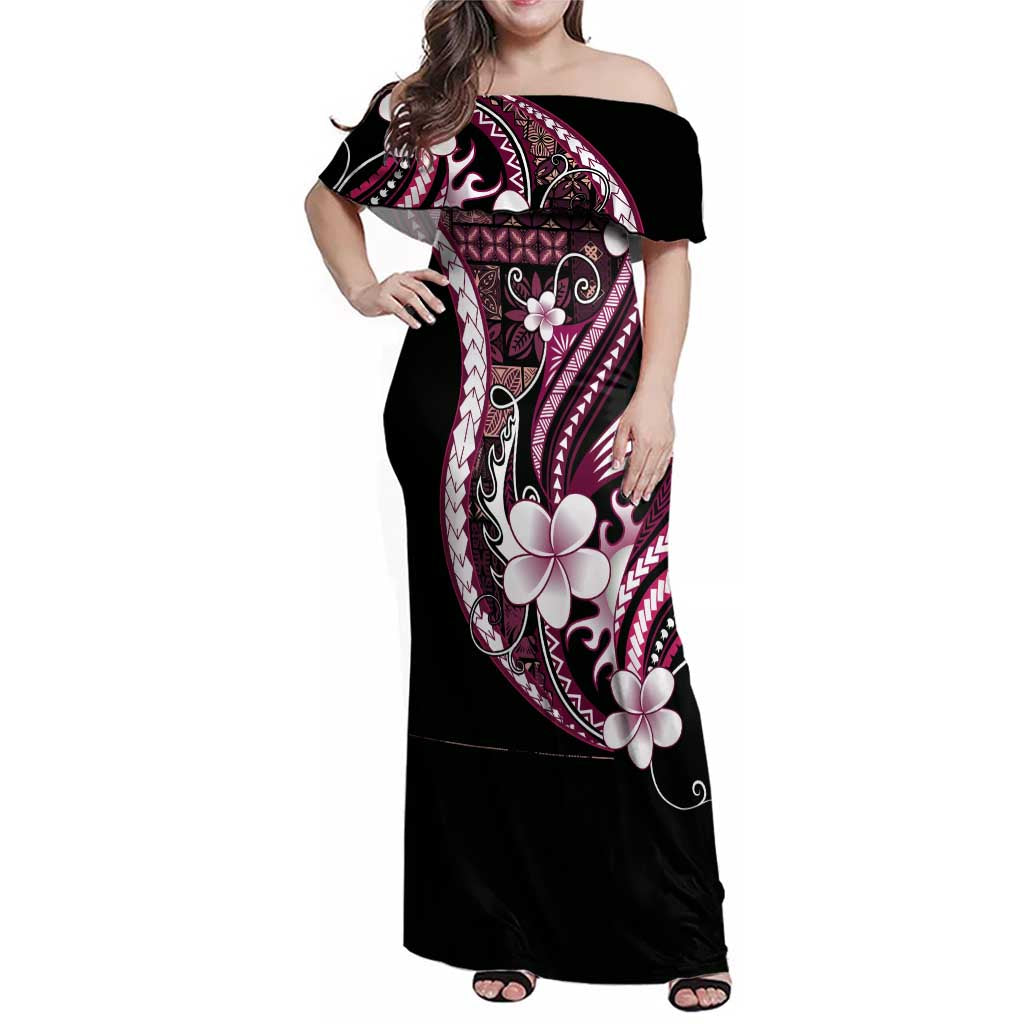 Samoa Siapo Tribal Pattern Family Matching Off Shoulder Maxi Dress and Hawaiian Shirt Violet Polynesian Plumeria Tapa Motif
