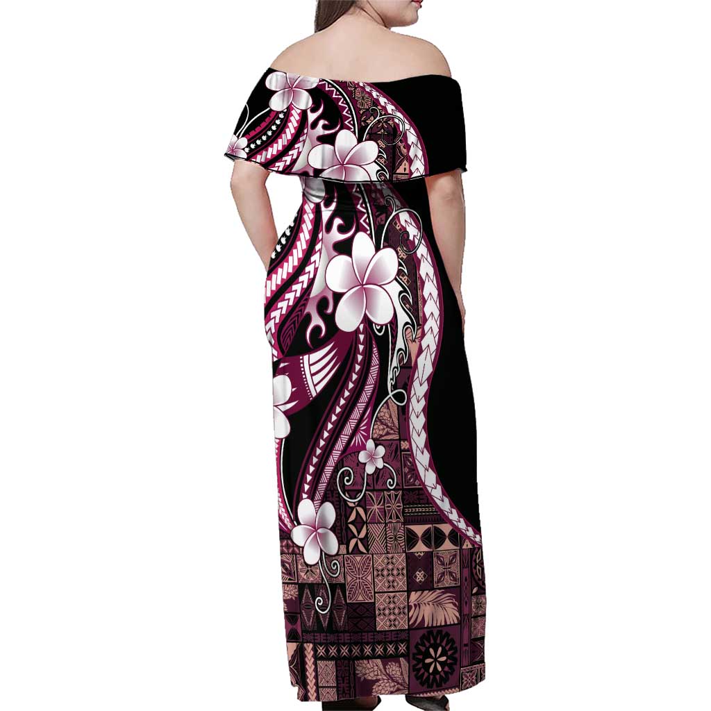 Samoa Siapo Tribal Pattern Family Matching Off Shoulder Maxi Dress and Hawaiian Shirt Violet Polynesian Plumeria Tapa Motif