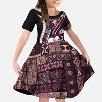 Samoa Siapo Tribal Pattern Family Matching Off Shoulder Short Dress and Hawaiian Shirt Violet Polynesian Plumeria Tapa Motif