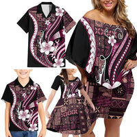 Samoa Siapo Tribal Pattern Family Matching Off Shoulder Short Dress and Hawaiian Shirt Violet Polynesian Plumeria Tapa Motif