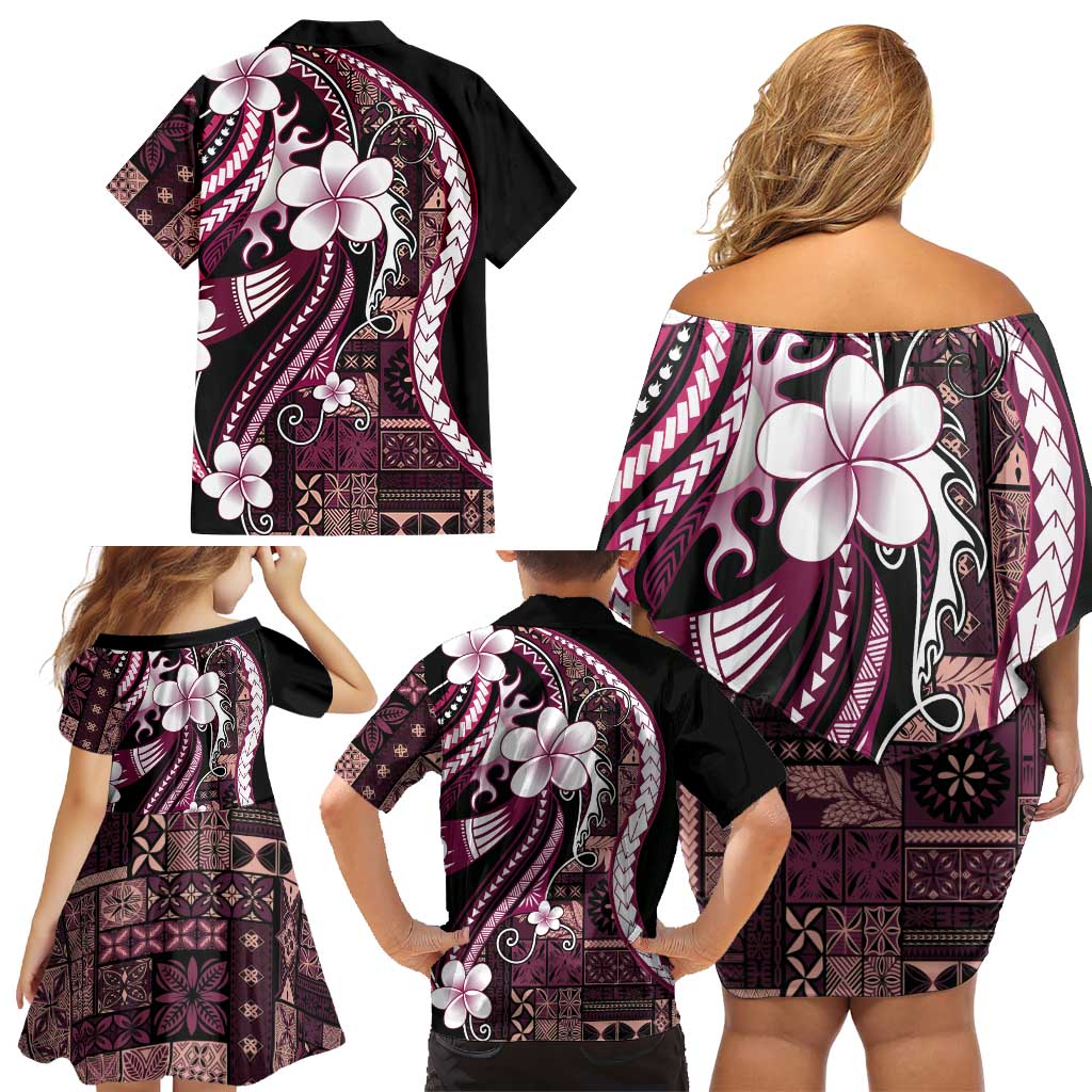 Samoa Siapo Tribal Pattern Family Matching Off Shoulder Short Dress and Hawaiian Shirt Violet Polynesian Plumeria Tapa Motif