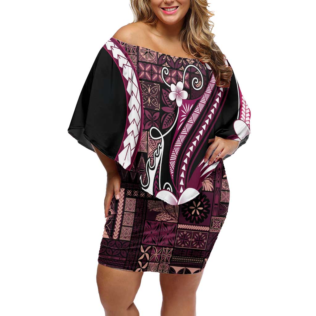 Samoa Siapo Tribal Pattern Family Matching Off Shoulder Short Dress and Hawaiian Shirt Violet Polynesian Plumeria Tapa Motif