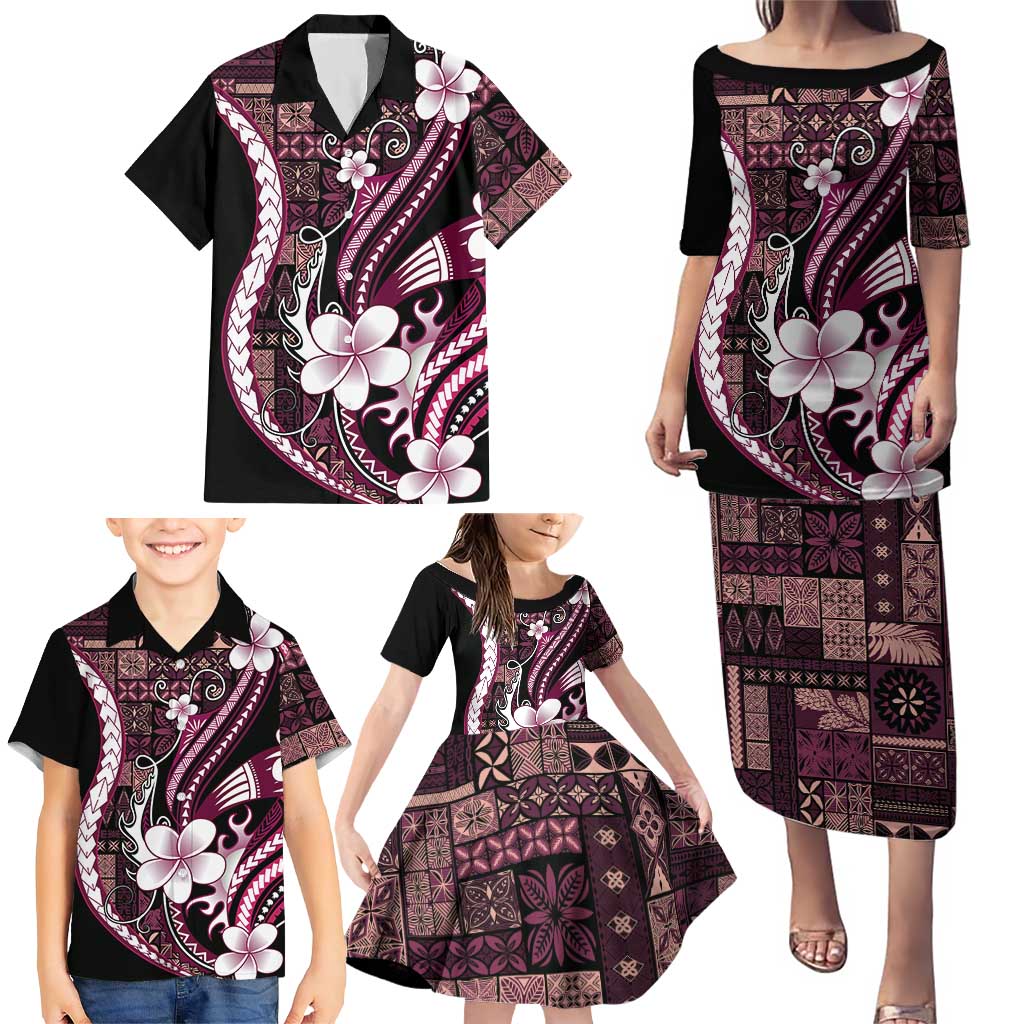 Samoa Siapo Tribal Pattern Family Matching Puletasi and Hawaiian Shirt Violet Polynesian Plumeria Tapa Motif