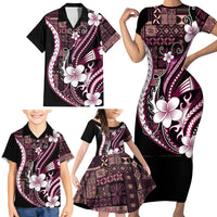Samoa Siapo Tribal Pattern Family Matching Short Sleeve Bodycon Dress and Hawaiian Shirt Violet Polynesian Plumeria Tapa Motif