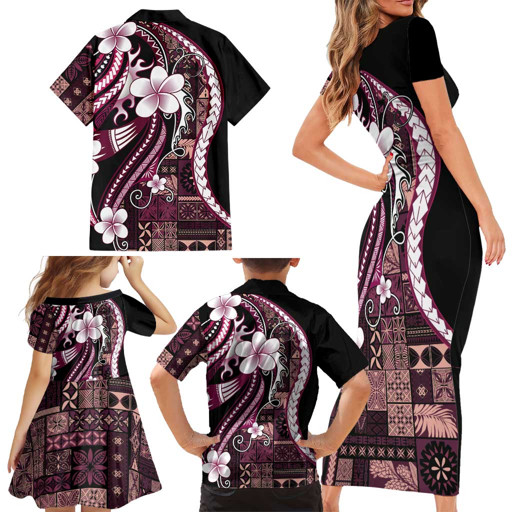 Samoa Siapo Tribal Pattern Family Matching Short Sleeve Bodycon Dress and Hawaiian Shirt Violet Polynesian Plumeria Tapa Motif