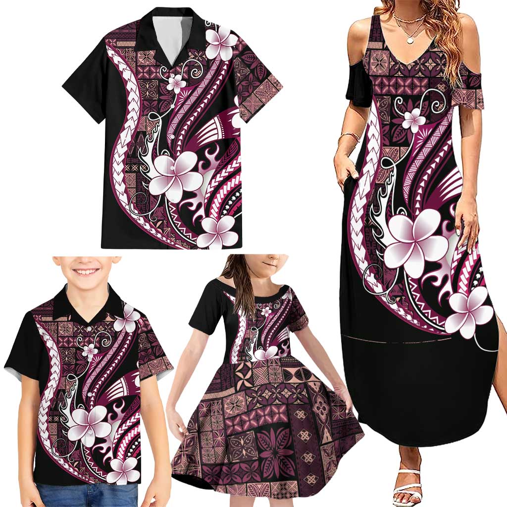 Samoa Siapo Tribal Pattern Family Matching Summer Maxi Dress and Hawaiian Shirt Violet Polynesian Plumeria Tapa Motif
