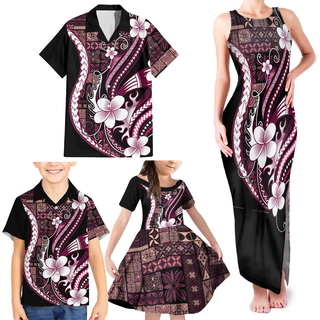 Samoa Siapo Tribal Pattern Family Matching Tank Maxi Dress and Hawaiian Shirt Violet Polynesian Plumeria Tapa Motif
