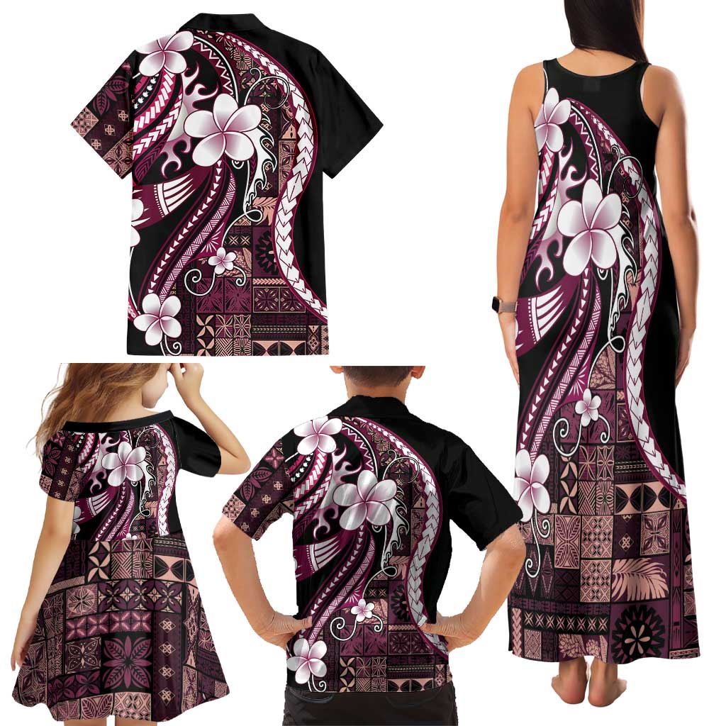 Samoa Siapo Tribal Pattern Family Matching Tank Maxi Dress and Hawaiian Shirt Violet Polynesian Plumeria Tapa Motif