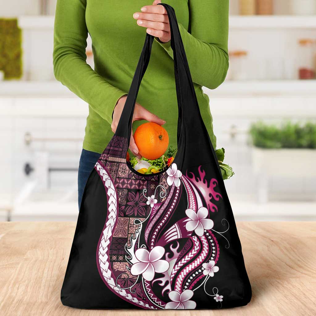 Samoa Siapo Tribal Pattern Grocery Bag Violet Polynesian Plumeria Tapa Motif