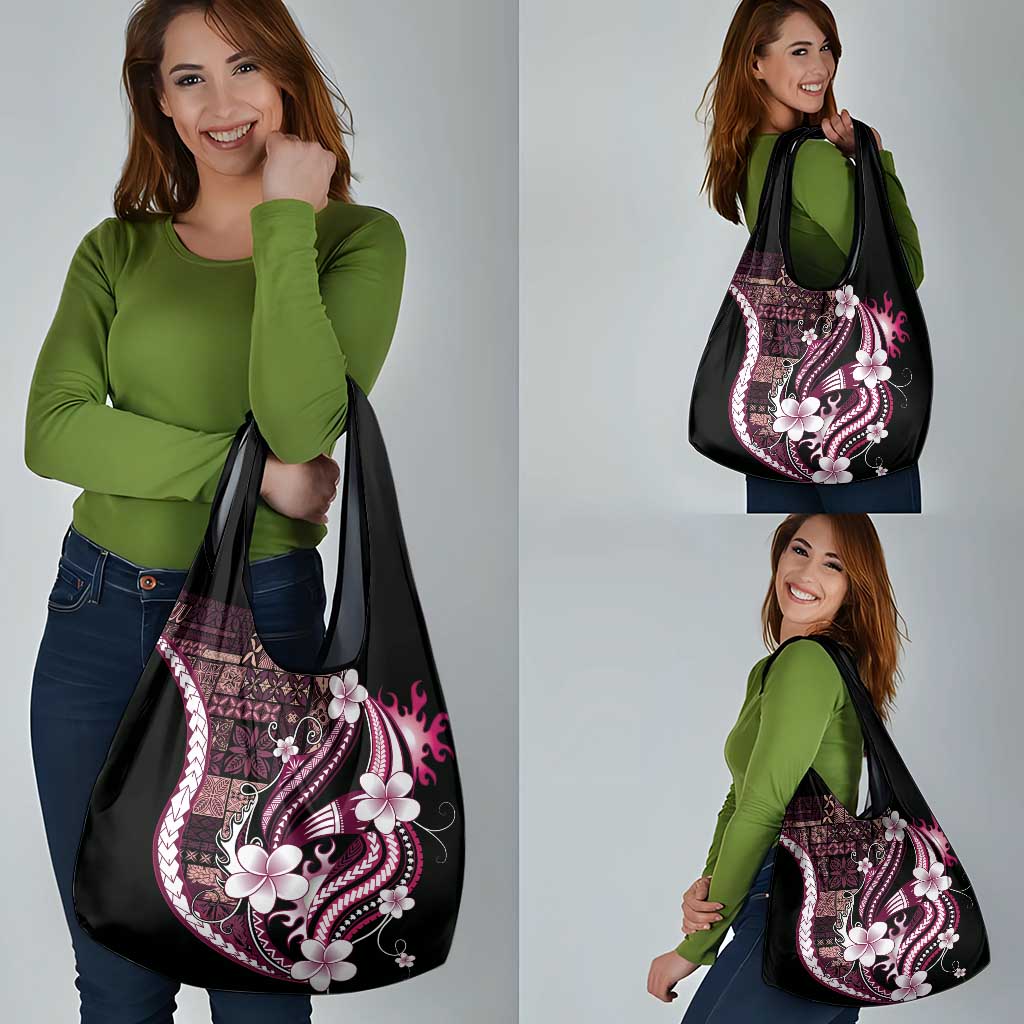 Samoa Siapo Tribal Pattern Grocery Bag Violet Polynesian Plumeria Tapa Motif