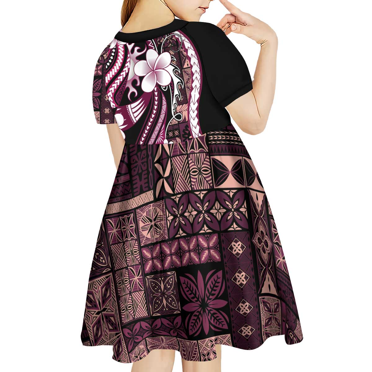 Samoa Siapo Tribal Pattern Kid Short Sleeve Dress Violet Polynesian Plumeria Tapa Motif