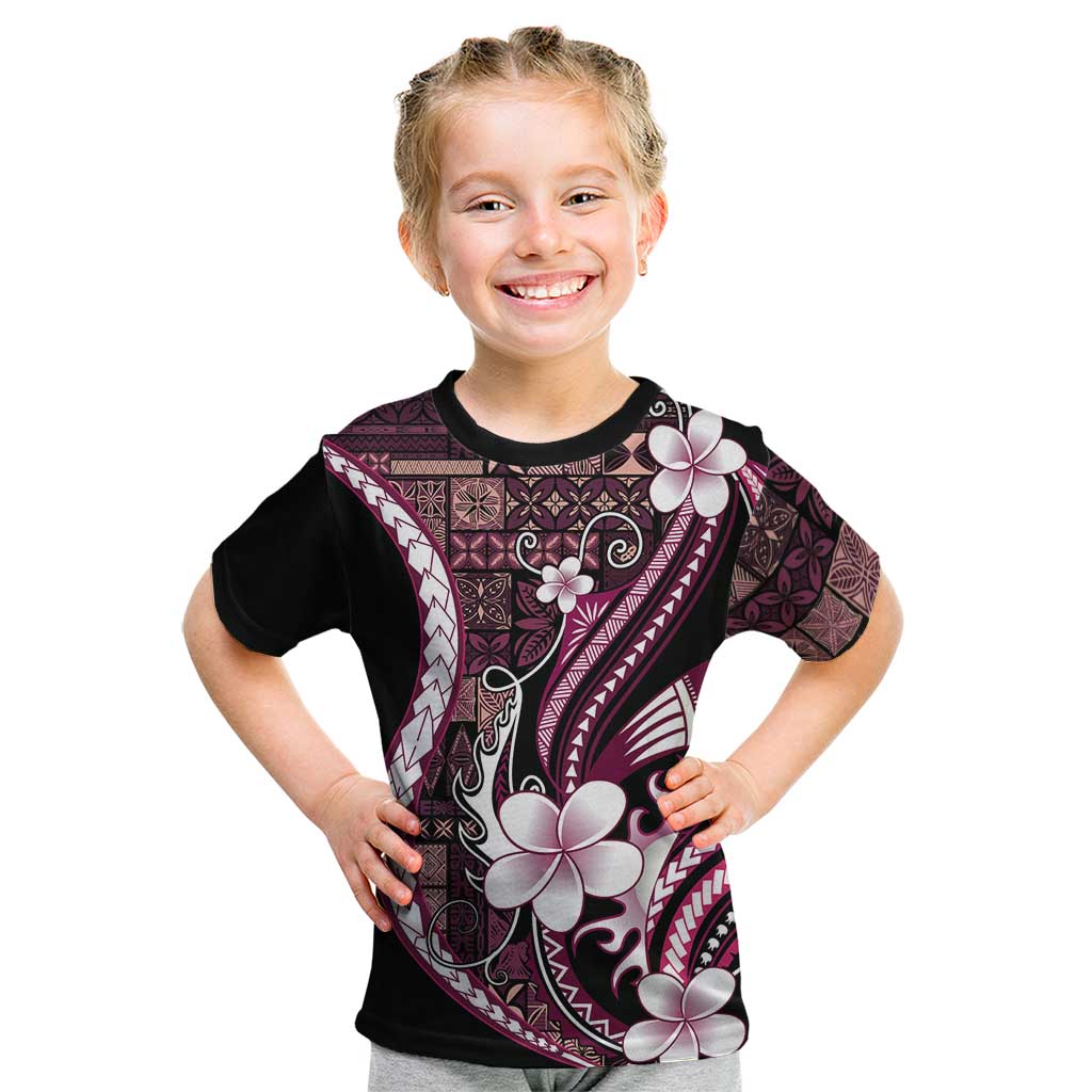 Samoa Siapo Tribal Pattern Kid T Shirt Violet Polynesian Plumeria Tapa Motif