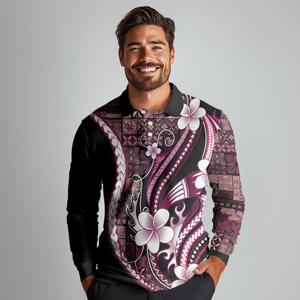 Samoa Siapo Tribal Pattern Long Sleeve Polo Shirt Violet Polynesian Plumeria Tapa Motif